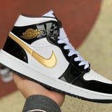 AJ1 MID Patent Black White Gold
