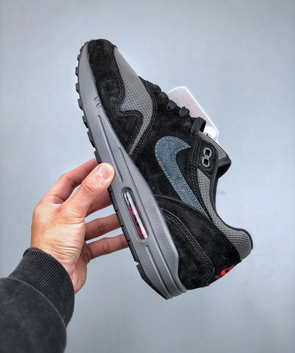 Air Max 1 Preto/Vermelho Universitário/Antracite