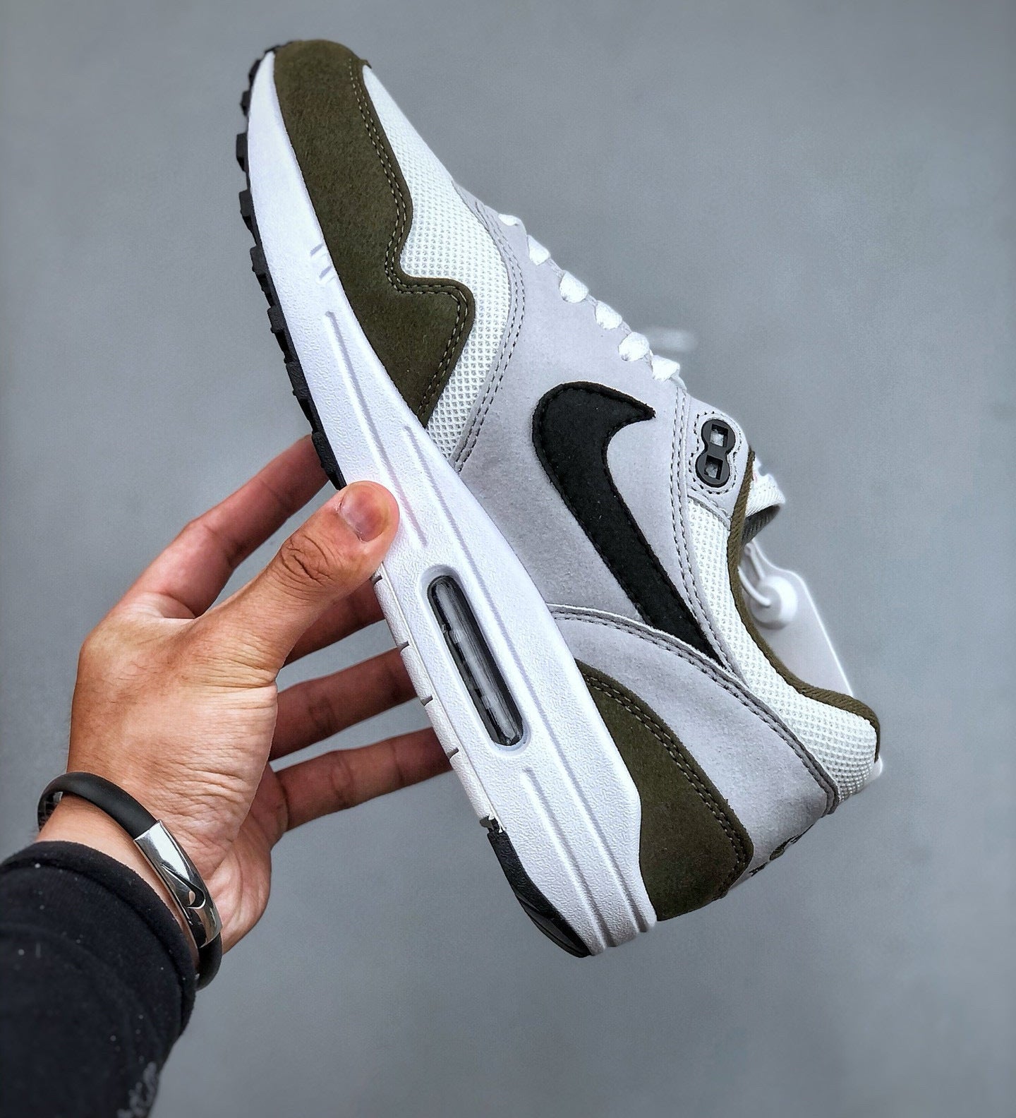 Air Max 1 White Black Medium Olive